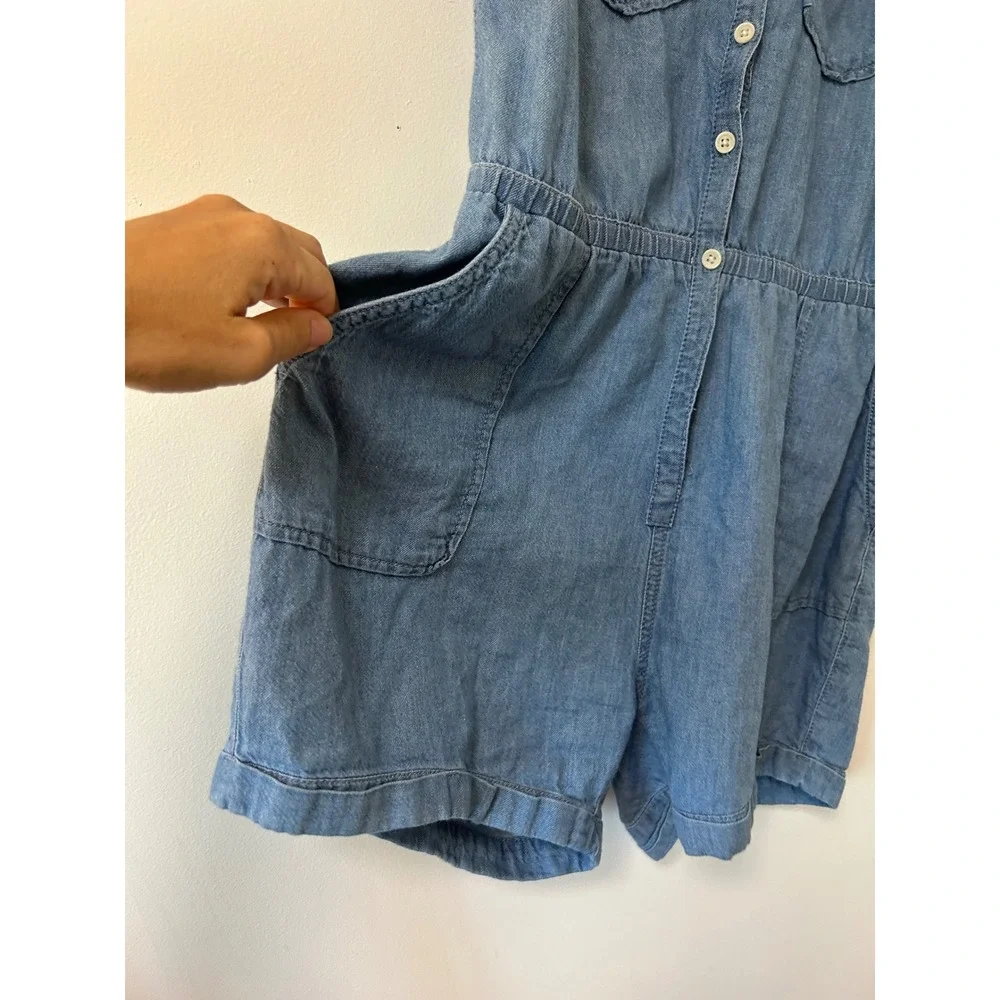 Pact Womens XS Blue Chambray Denim Tank Button Front Utility Romper Pockets